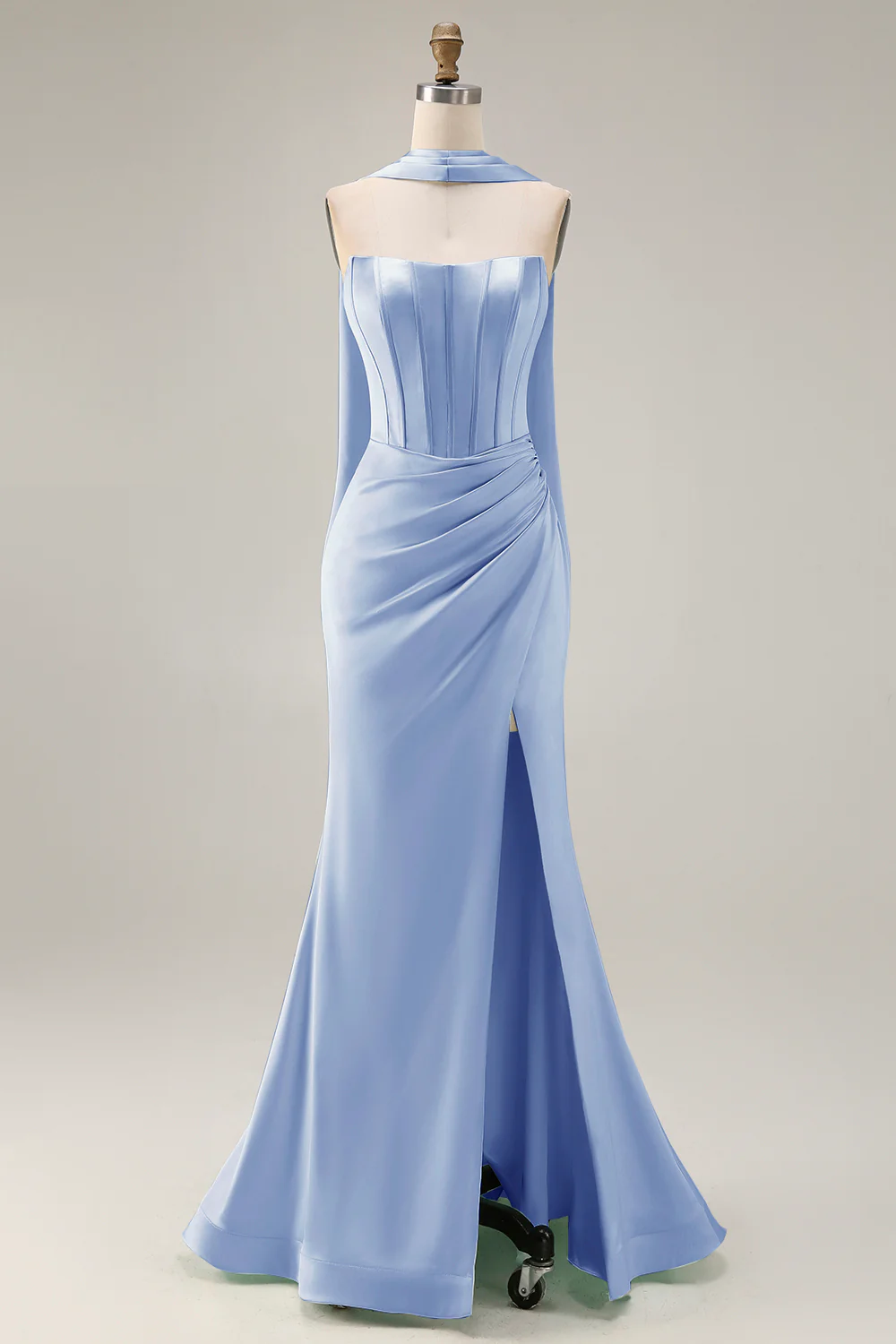 Strapless Corset Mermaid Light Green Satin Side Slit Maxi Dress with a Neck Scarf - Image 7