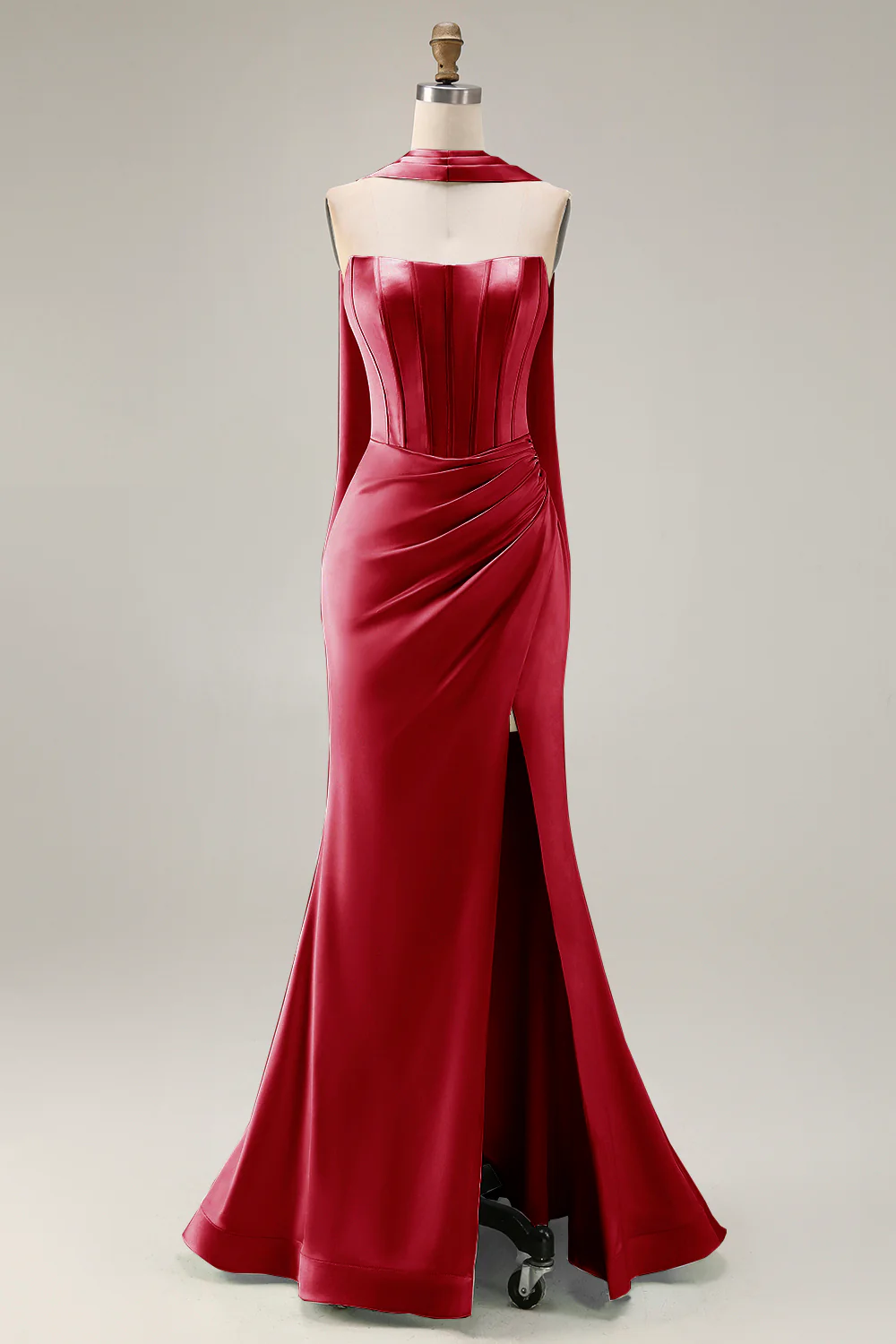 Strapless Corset Mermaid Light Green Satin Side Slit Maxi Dress with a Neck Scarf - Image 9