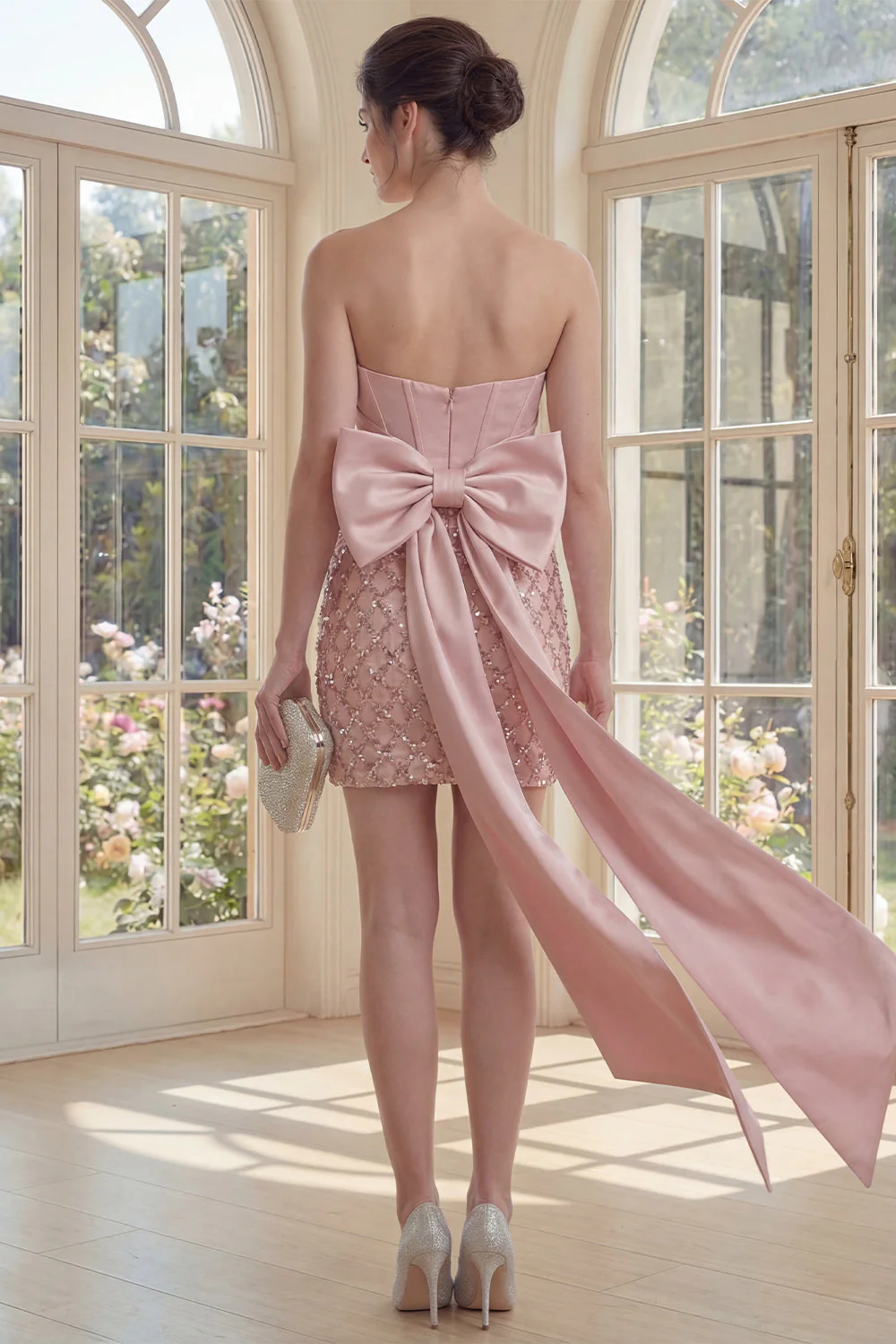 Strapless Blush Corset Ruched Bodycon Mini Dress with Bow - Image 2