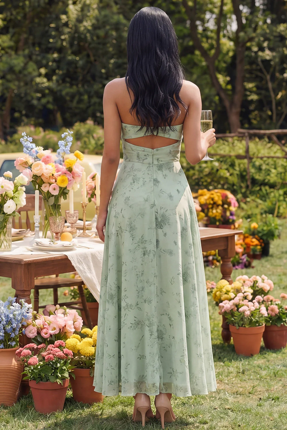 Strapless Cut Out Dusty Sage A Line Maxi Floral Dress - Image 2