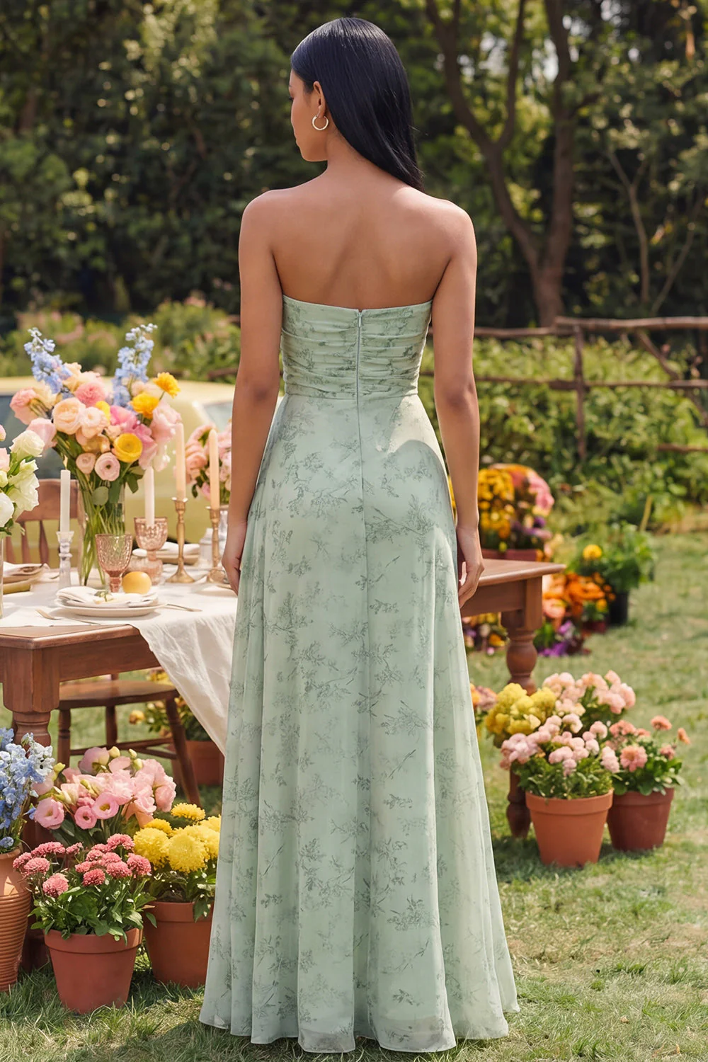 Strapless Dusty Sage A Line Cut Out Maxi Floral Dress with Slit - Image 2