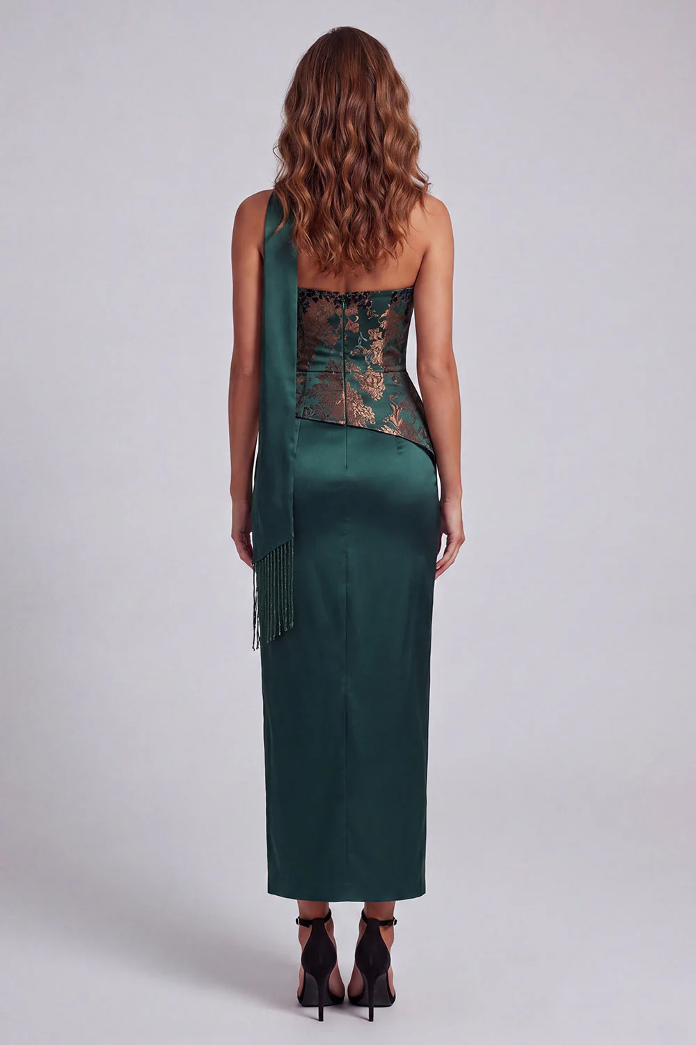 Strapless Dark Green Sheath Side Slit Floral Dress with a Neck Scarf - Image 2
