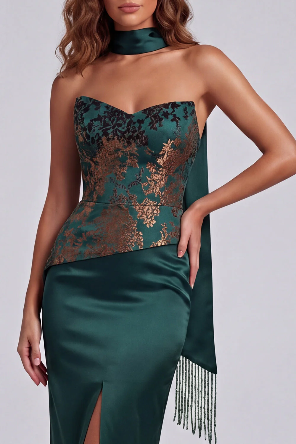 Strapless Dark Green Sheath Side Slit Floral Dress with a Neck Scarf - Image 3