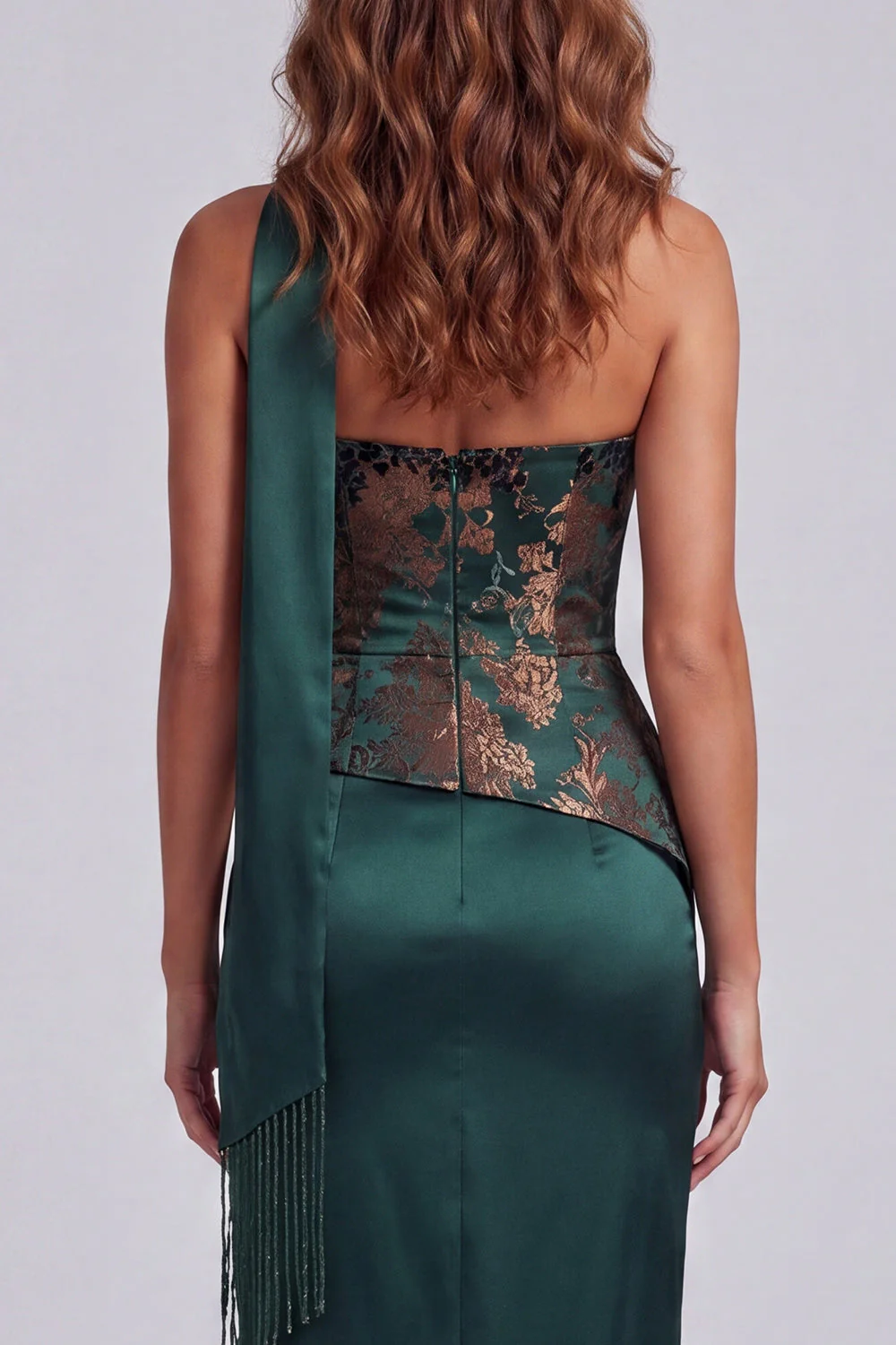 Strapless Dark Green Sheath Side Slit Floral Dress with a Neck Scarf - Image 4