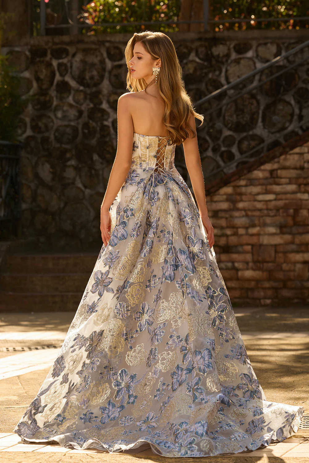 Strapless Dusty Blue Corset A Line Floral Brocade Long Prom Dress with Slit - Image 2