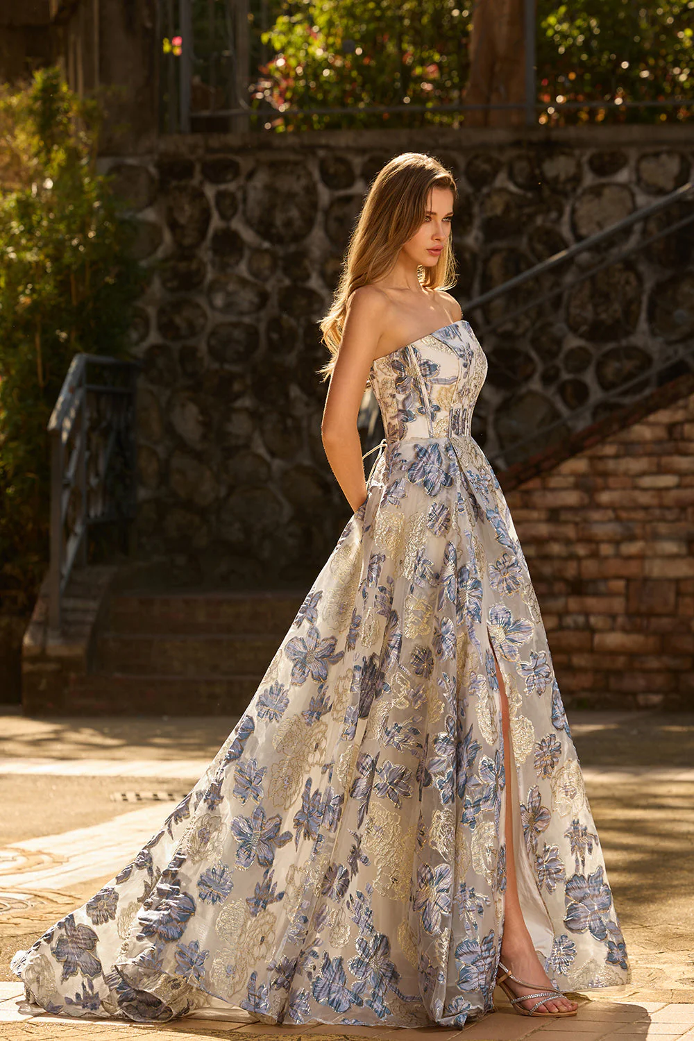 Strapless Dusty Blue Corset A Line Floral Brocade Long Prom Dress with Slit - Image 4