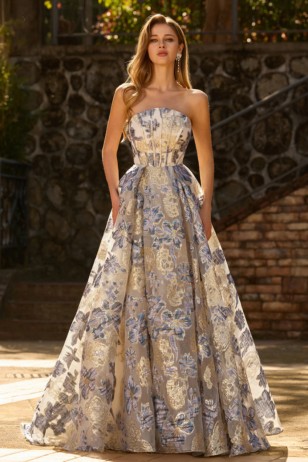 Strapless Dusty Blue Corset A Line Floral Brocade Long Prom Dress with Slit - Image 5