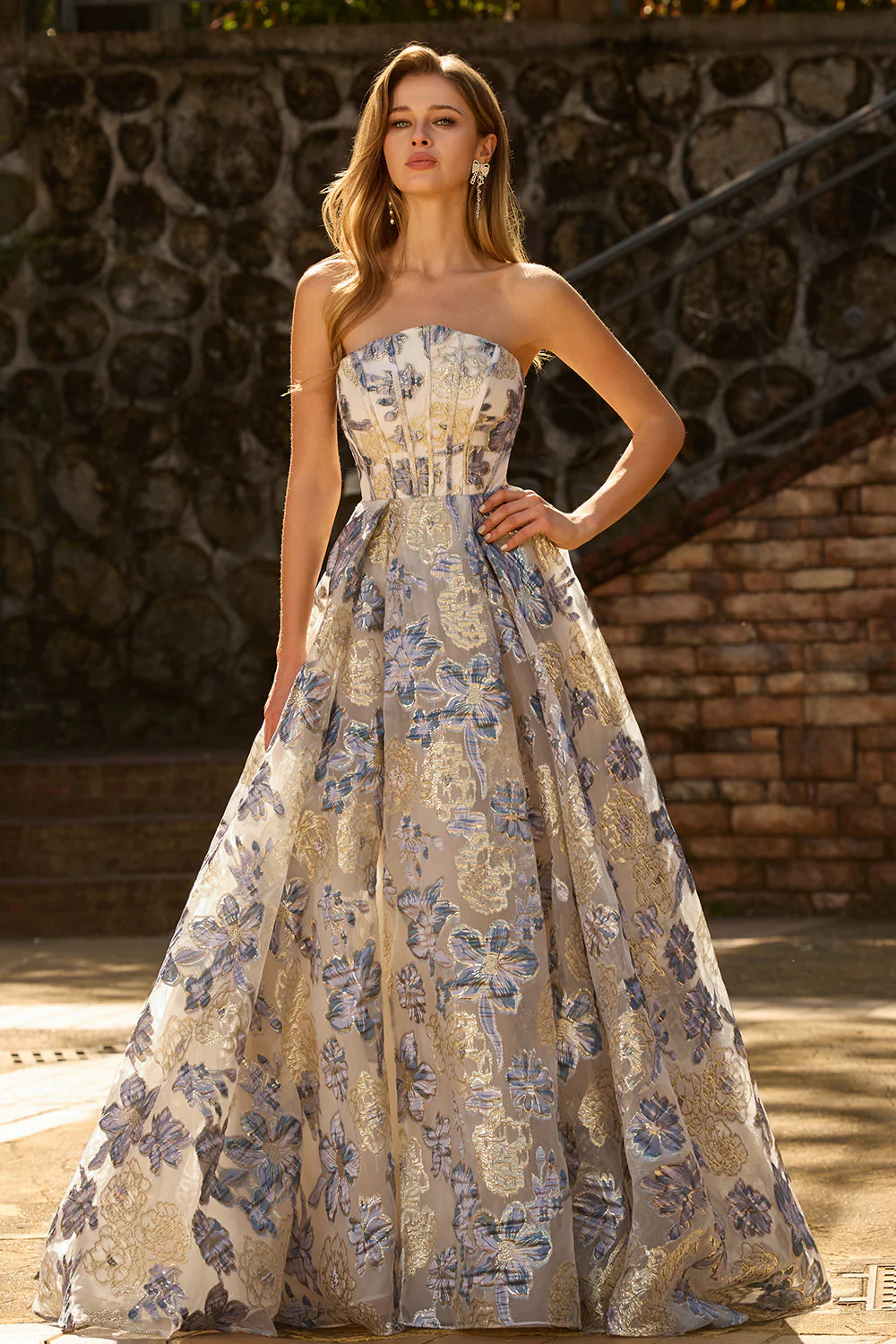 Strapless Dusty Blue Corset A Line Floral Brocade Long Prom Dress with Slit - Image 6