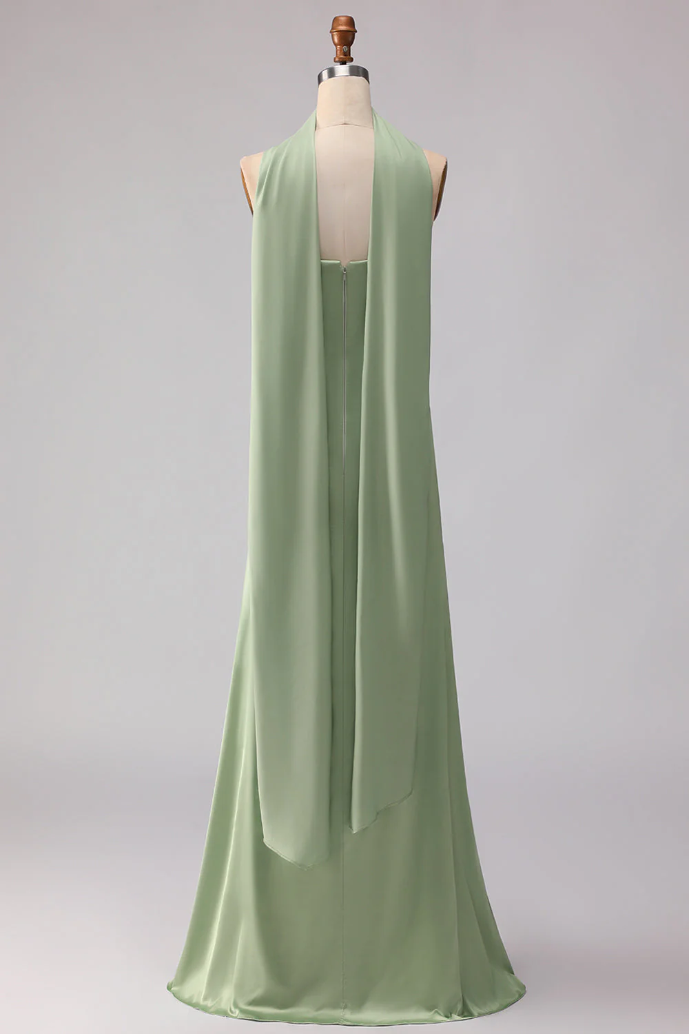 Strapless Dusty Sage Mermaid Satin Long Bridesmaid Dress with a Neck Scarf - Image 2