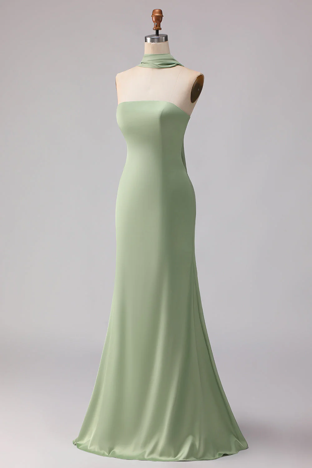 Strapless Dusty Sage Mermaid Satin Long Bridesmaid Dress with a Neck Scarf - Image 3