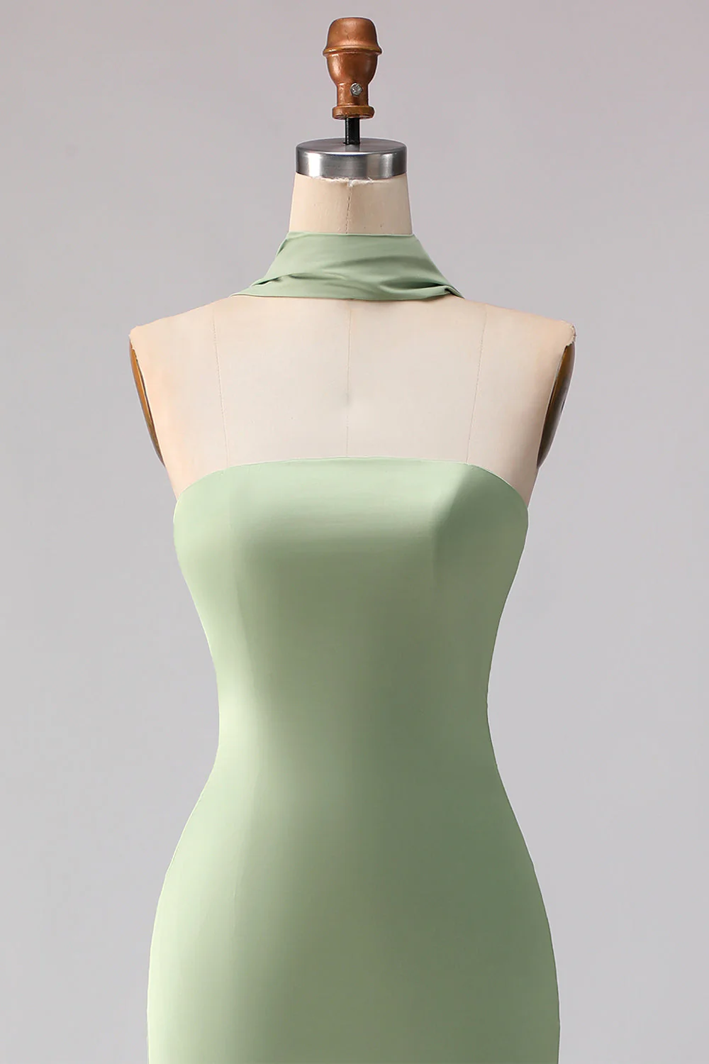 Strapless Dusty Sage Mermaid Satin Long Bridesmaid Dress with a Neck Scarf - Image 4