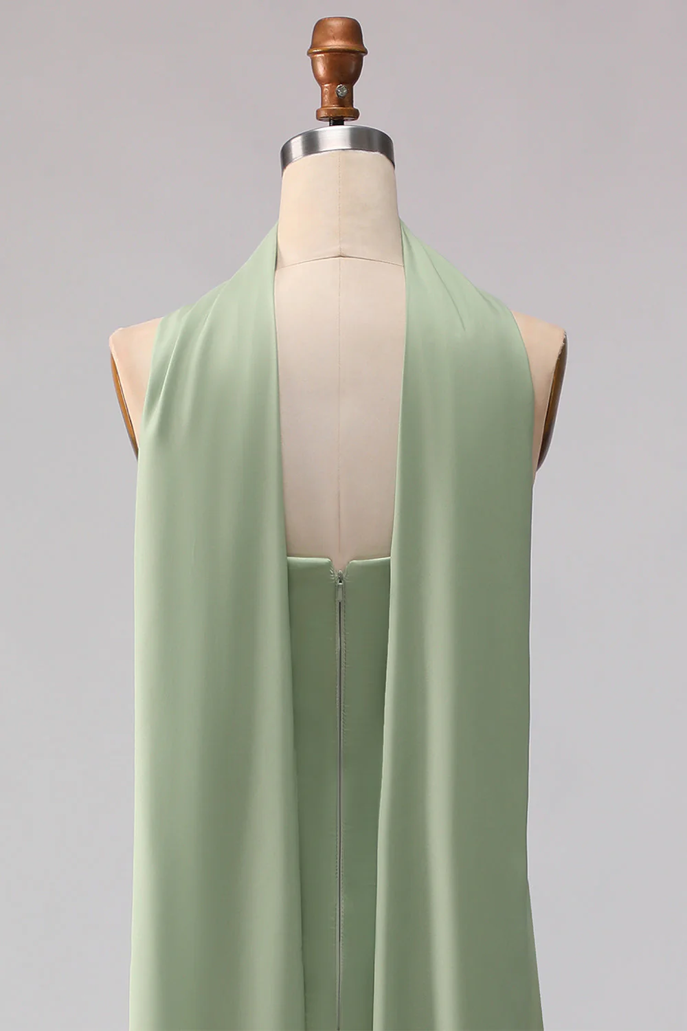 Strapless Dusty Sage Mermaid Satin Long Bridesmaid Dress with a Neck Scarf - Image 5