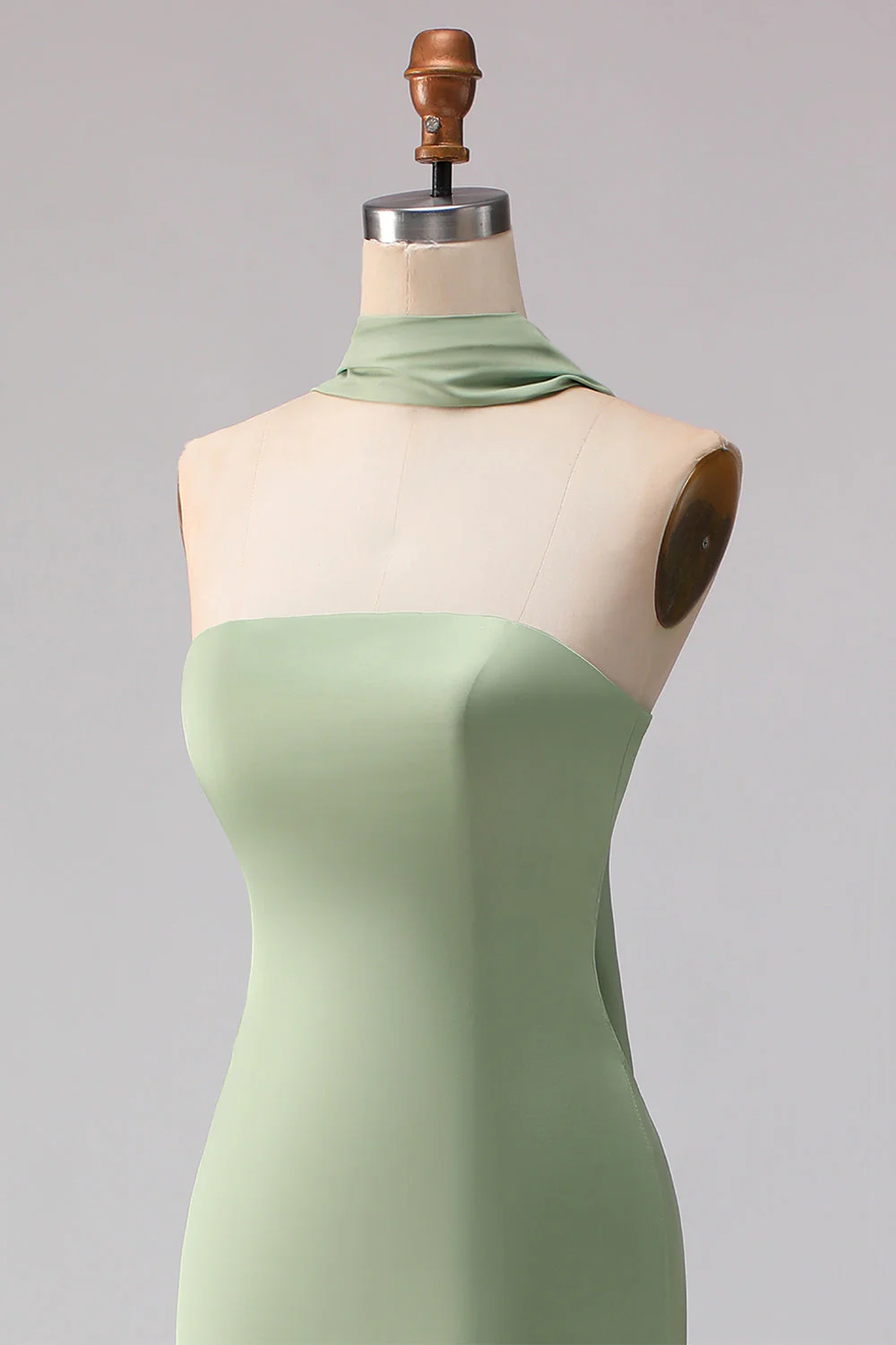 Strapless Dusty Sage Mermaid Satin Long Bridesmaid Dress with a Neck Scarf - Image 6