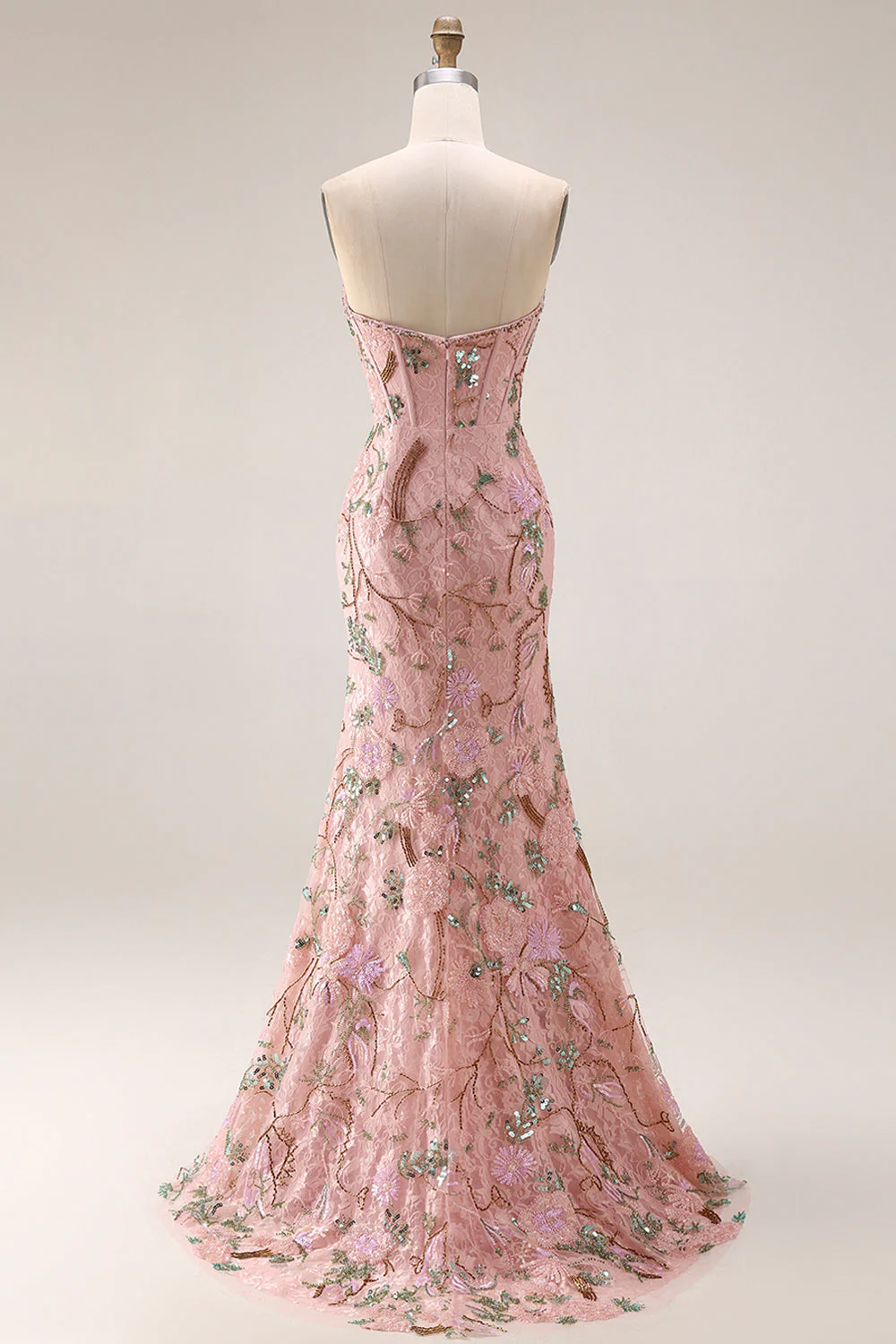 Strapless Floral Beaded Corset Bodice Fitted Long Prom Dress with Skirt Slit - Image 2