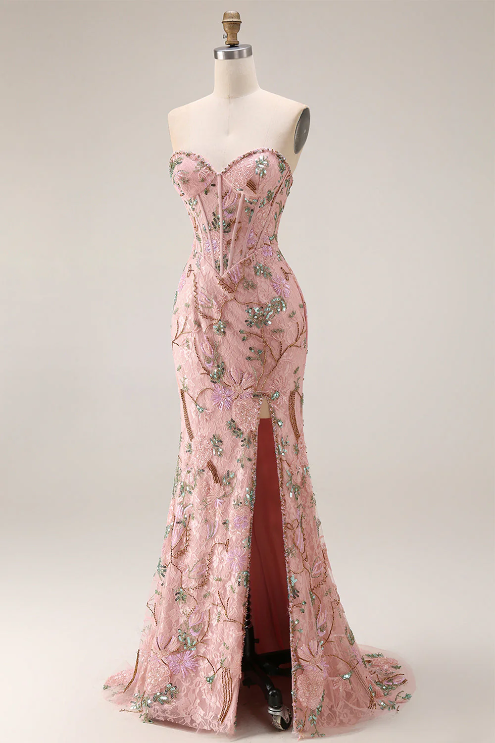 Strapless Floral Beaded Corset Bodice Fitted Long Prom Dress with Skirt Slit - Image 3