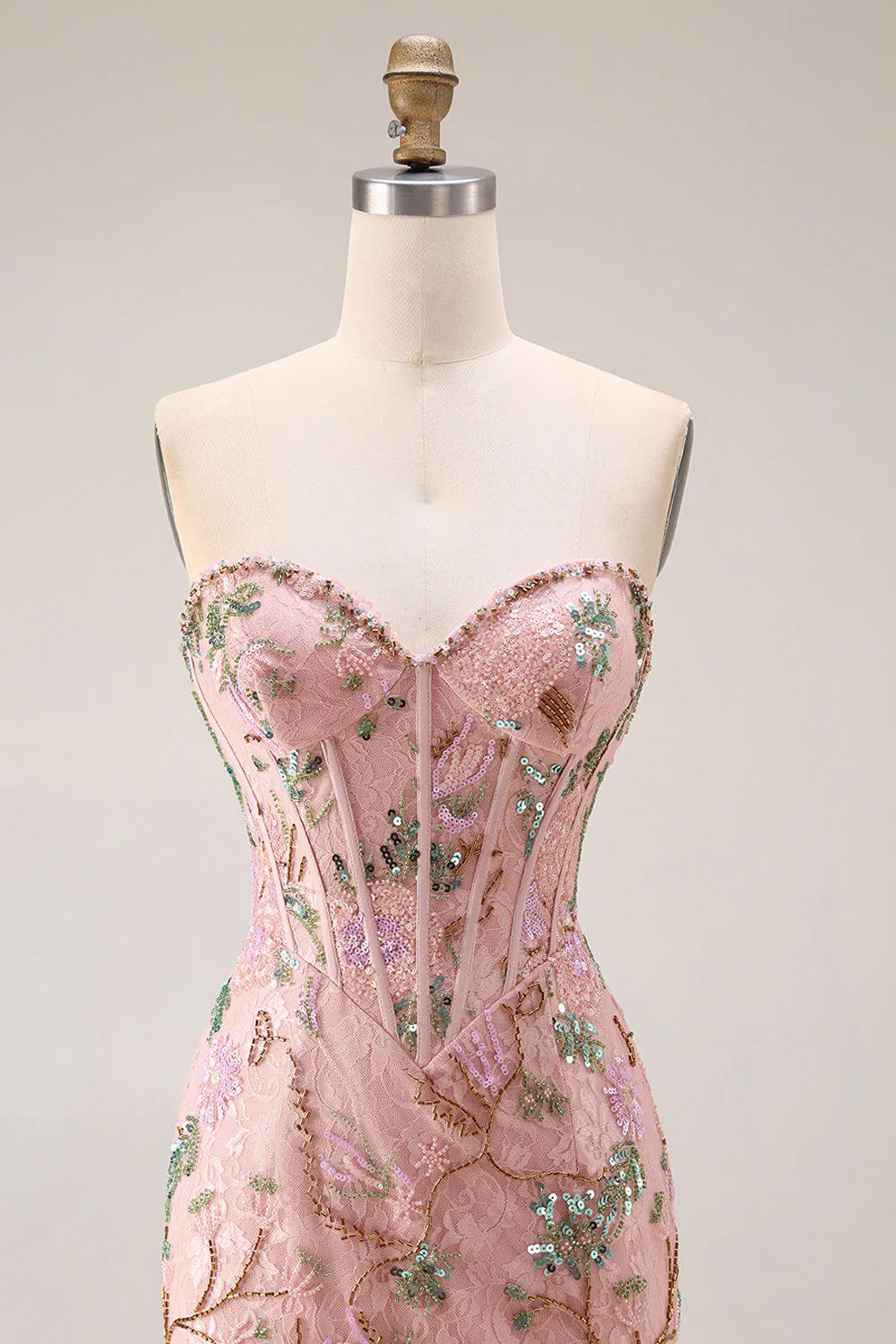 Strapless Floral Beaded Corset Bodice Fitted Long Prom Dress with Skirt Slit - Image 6