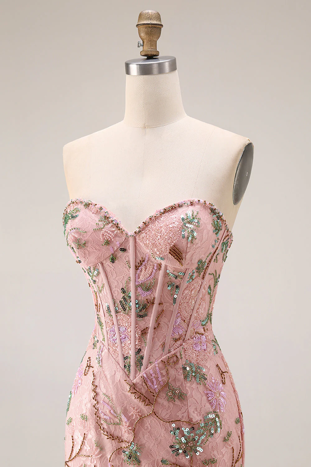 Strapless Floral Beaded Corset Bodice Fitted Long Prom Dress with Skirt Slit - Image 7