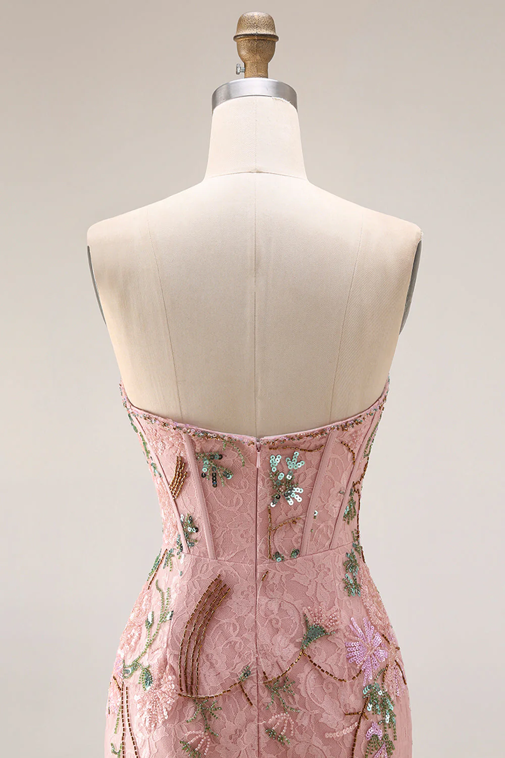 Strapless Floral Beaded Corset Bodice Fitted Long Prom Dress with Skirt Slit - Image 8