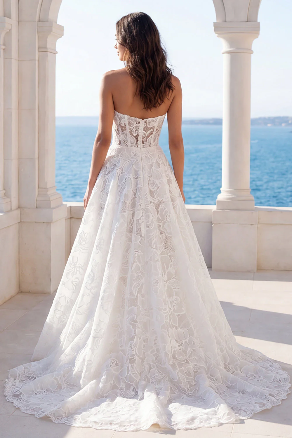 Ivory Strapless Floral A Line Long Wedding Dress - Image 2