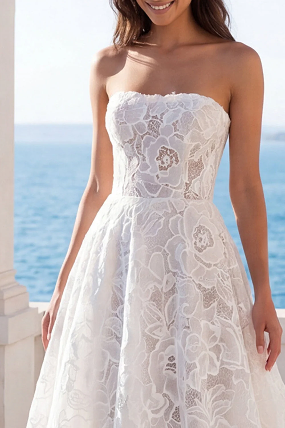 Ivory Strapless Floral A Line Long Wedding Dress - Image 3