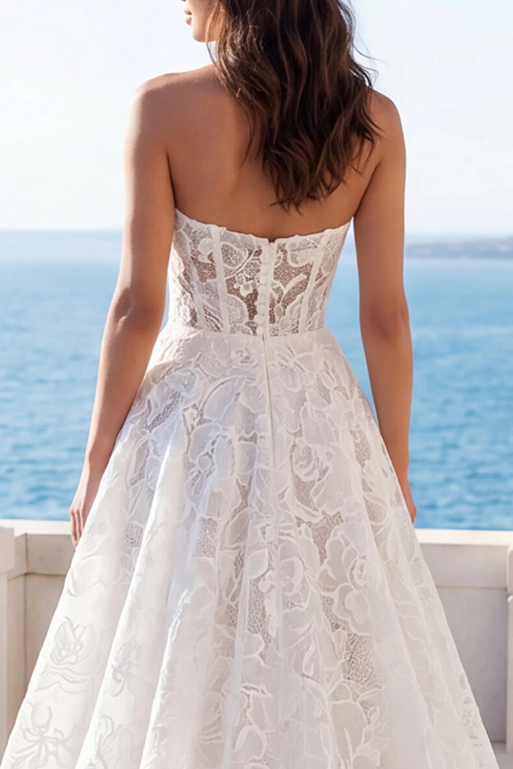 Ivory Strapless Floral A Line Long Wedding Dress - Image 4