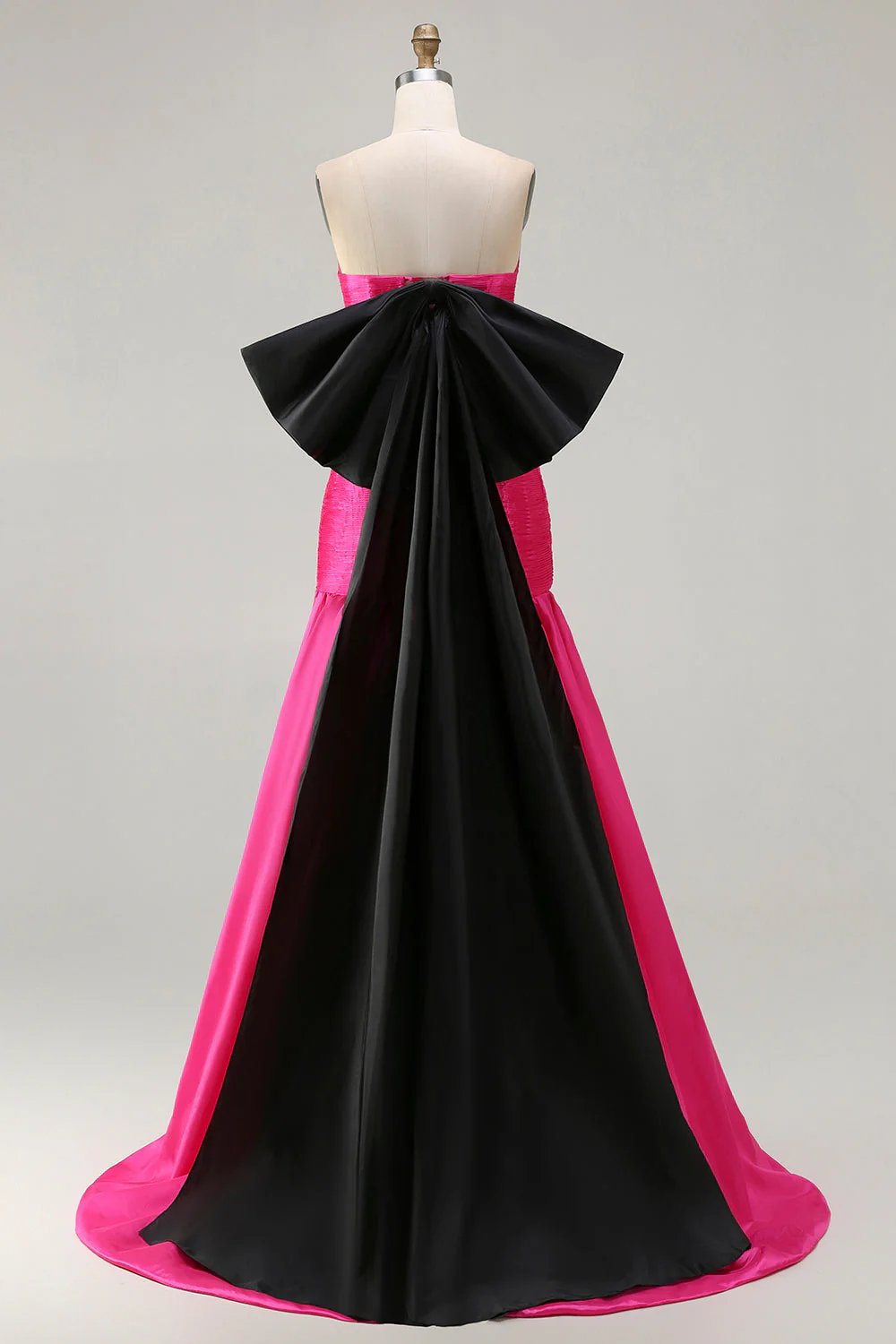 Strapless Fuchsia A-Line Convertible Satin Long Prom Dress with Large Bow - Image 2