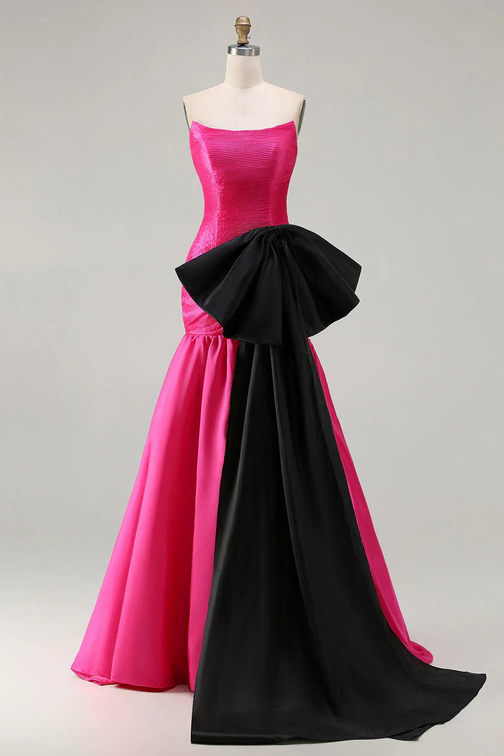 Strapless Fuchsia A-Line Convertible Satin Long Prom Dress with Large Bow - Image 3