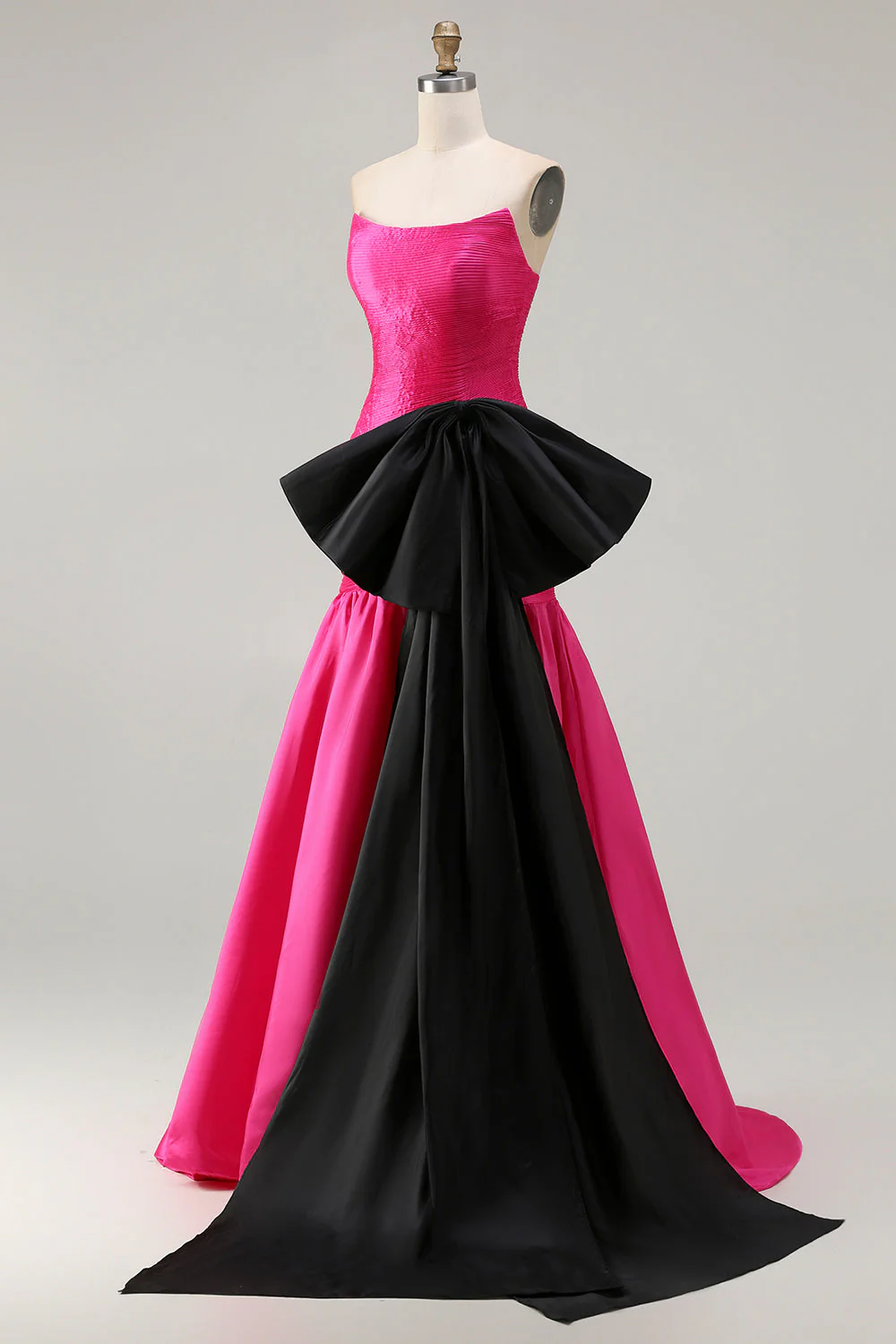 Strapless Fuchsia A-Line Convertible Satin Long Prom Dress with Large Bow - Image 4