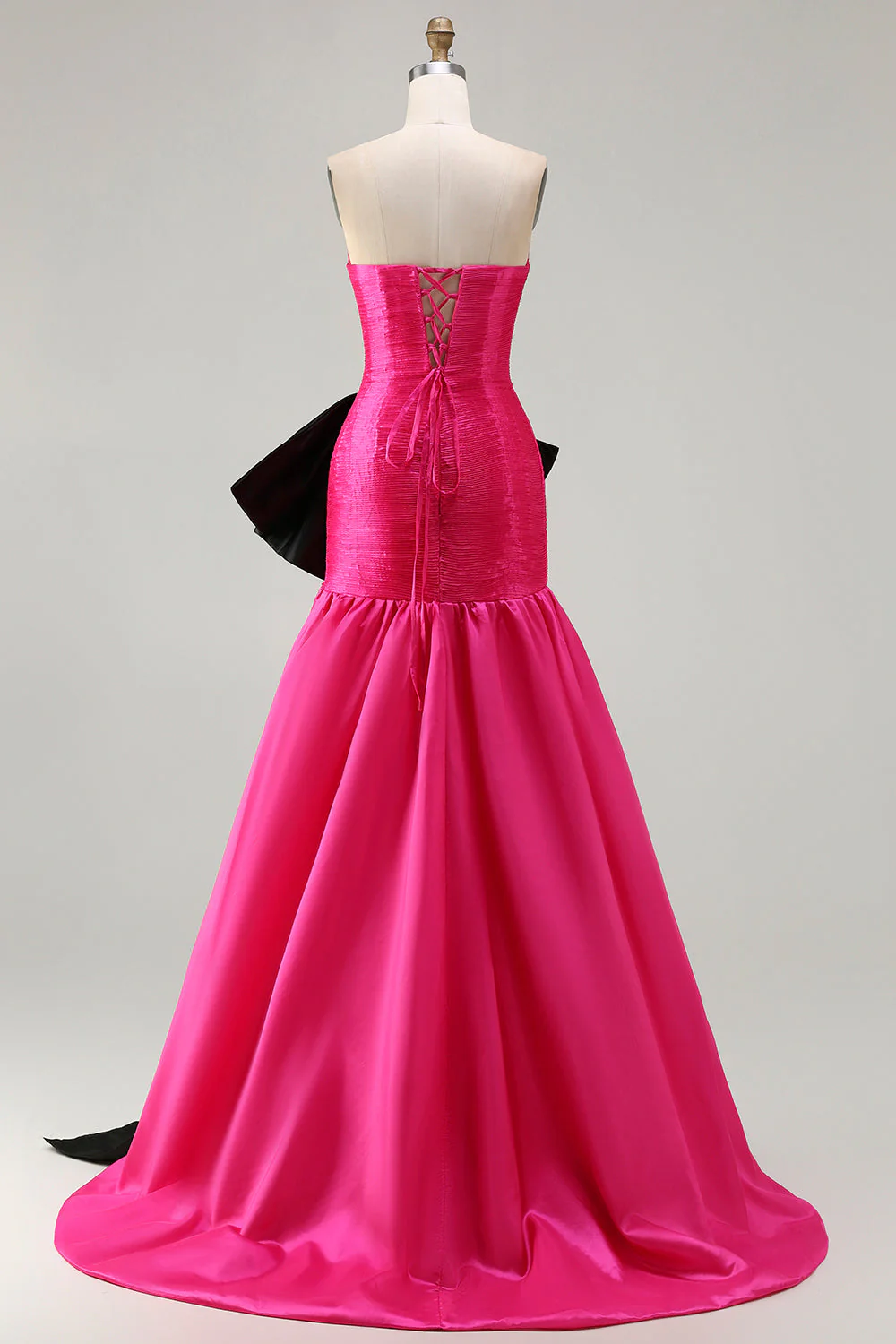 Strapless Fuchsia A-Line Convertible Satin Long Prom Dress with Large Bow - Image 5