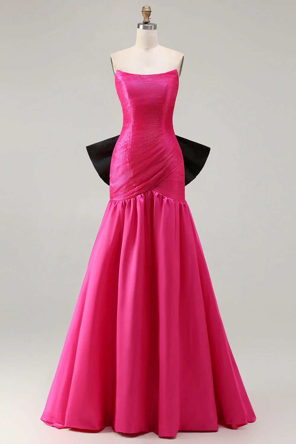 Strapless Fuchsia A-Line Convertible Satin Long Prom Dress with Large Bow - Image 6