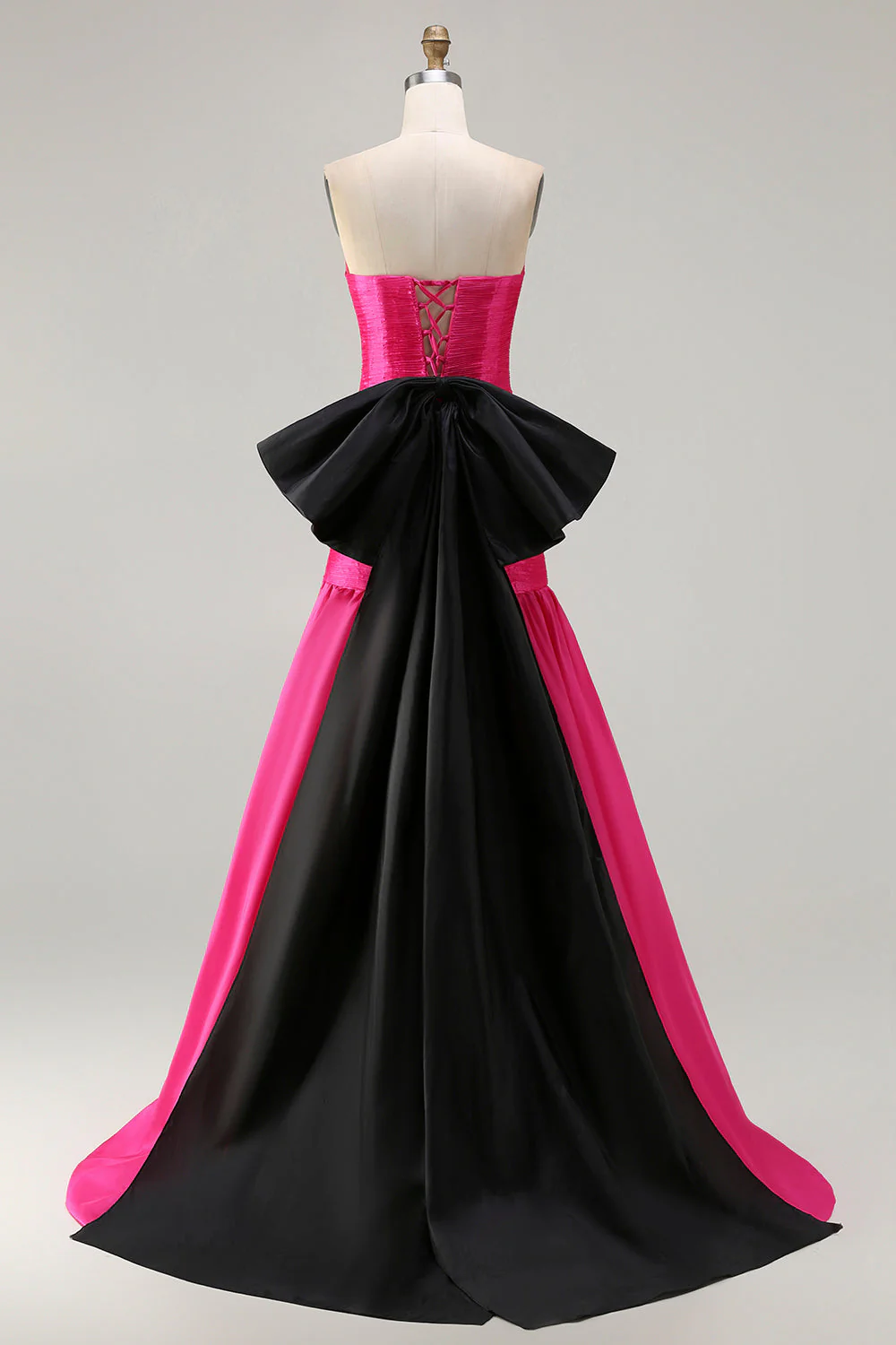 Strapless Fuchsia A-Line Convertible Satin Long Prom Dress with Large Bow - Image 7