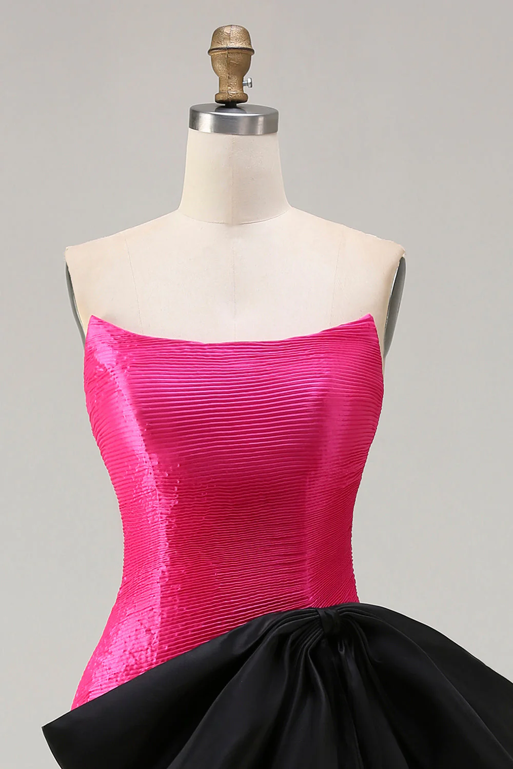 Strapless Fuchsia A-Line Convertible Satin Long Prom Dress with Large Bow - Image 8