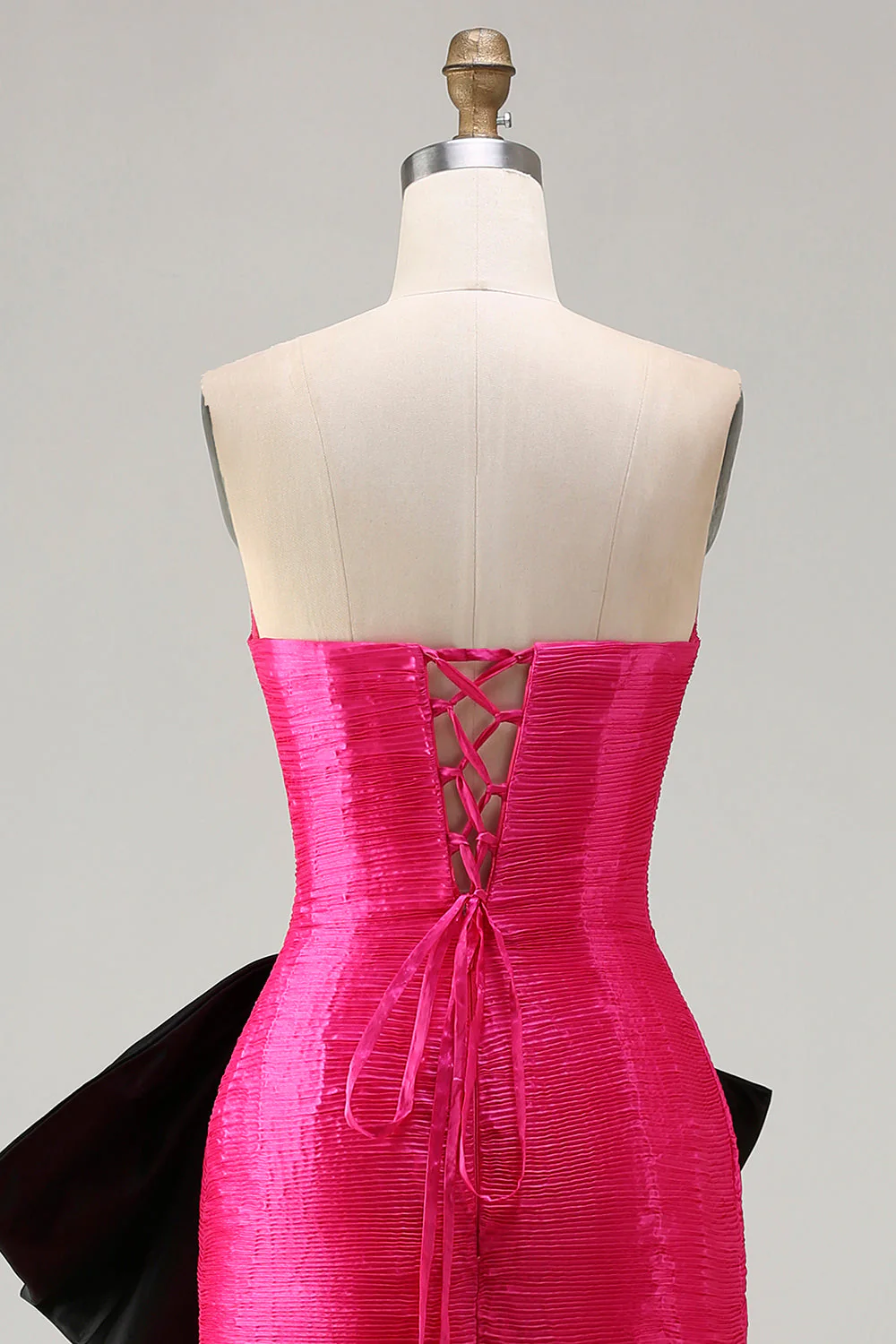Strapless Fuchsia A-Line Convertible Satin Long Prom Dress with Large Bow - Image 9