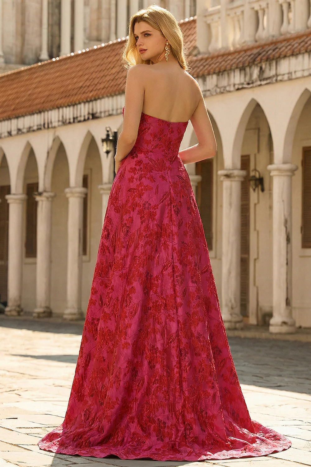 Strapless Fuchsia Floral A-Line Brocade Long Prom Dress - Image 2