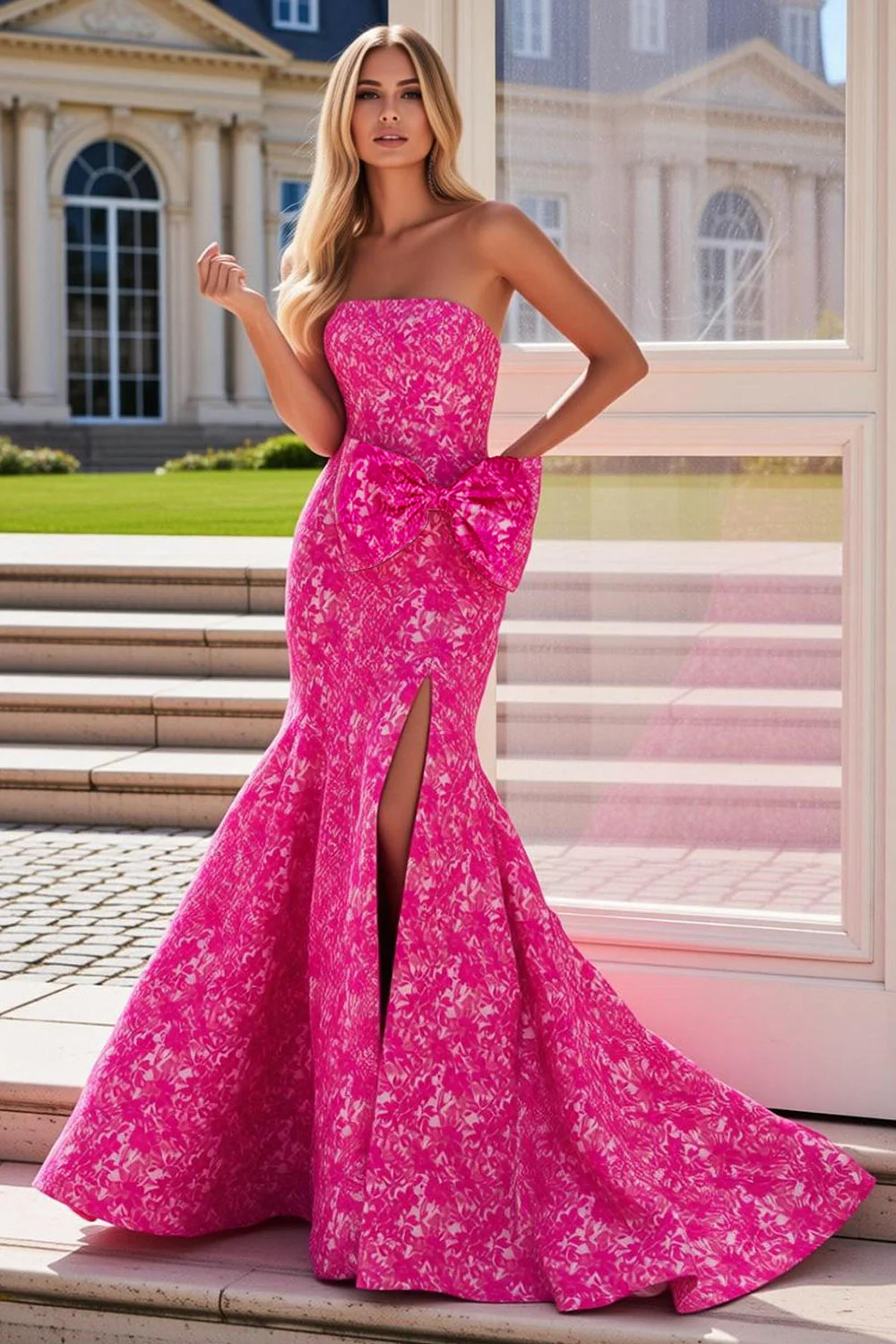 Strapless Fuchsia Floral Mermaid Side Slit Long Prom Dress with Bow - Image 2