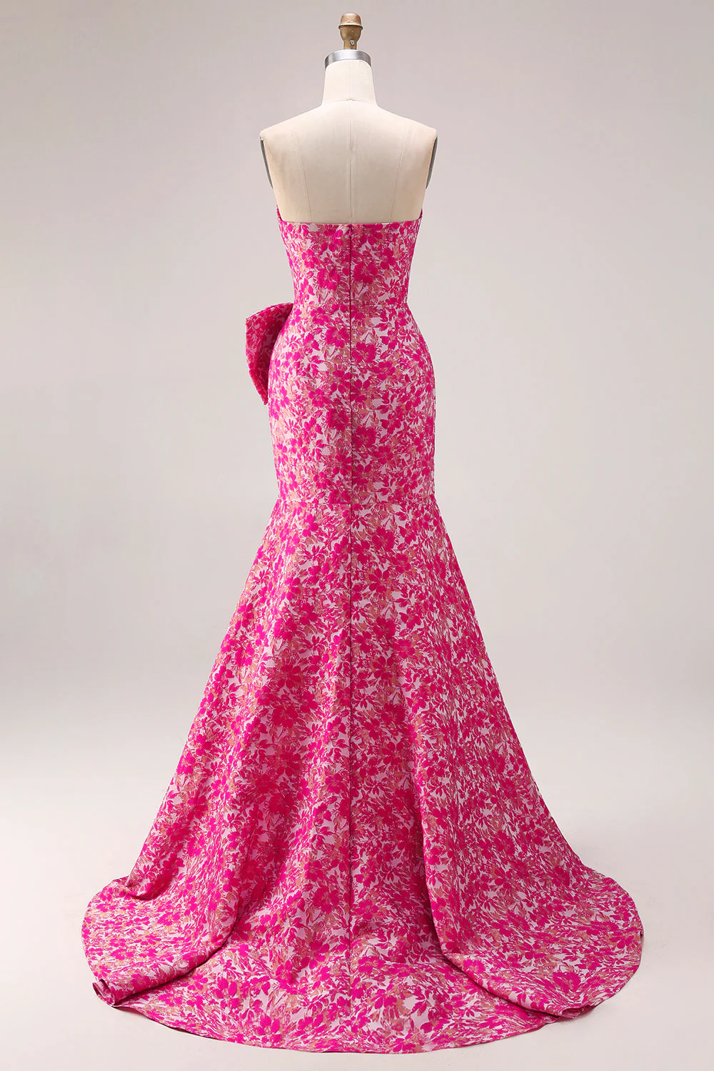 Strapless Fuchsia Floral Mermaid Side Slit Long Prom Dress with Bow - Image 4