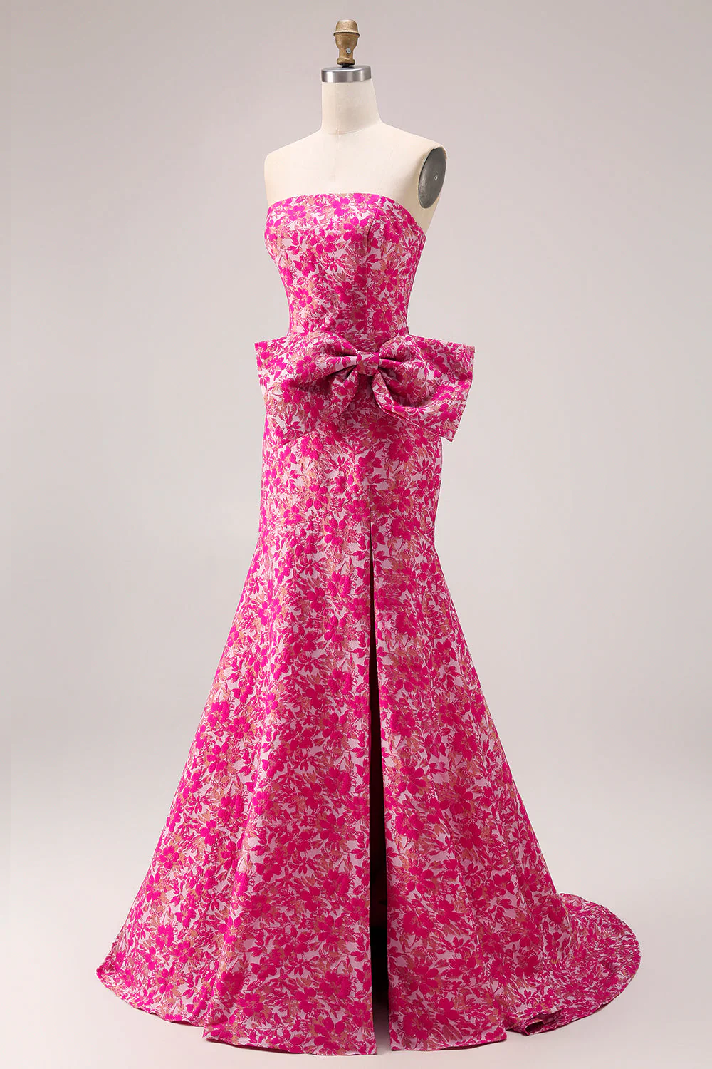 Strapless Fuchsia Floral Mermaid Side Slit Long Prom Dress with Bow - Image 5