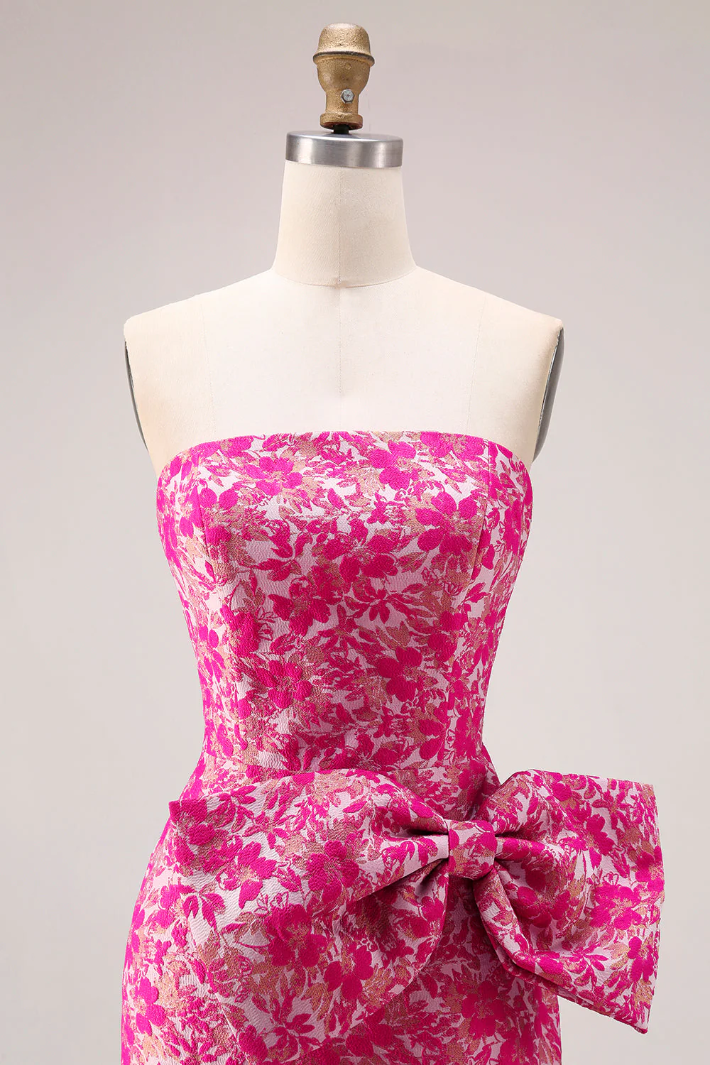Strapless Fuchsia Floral Mermaid Side Slit Long Prom Dress with Bow - Image 6