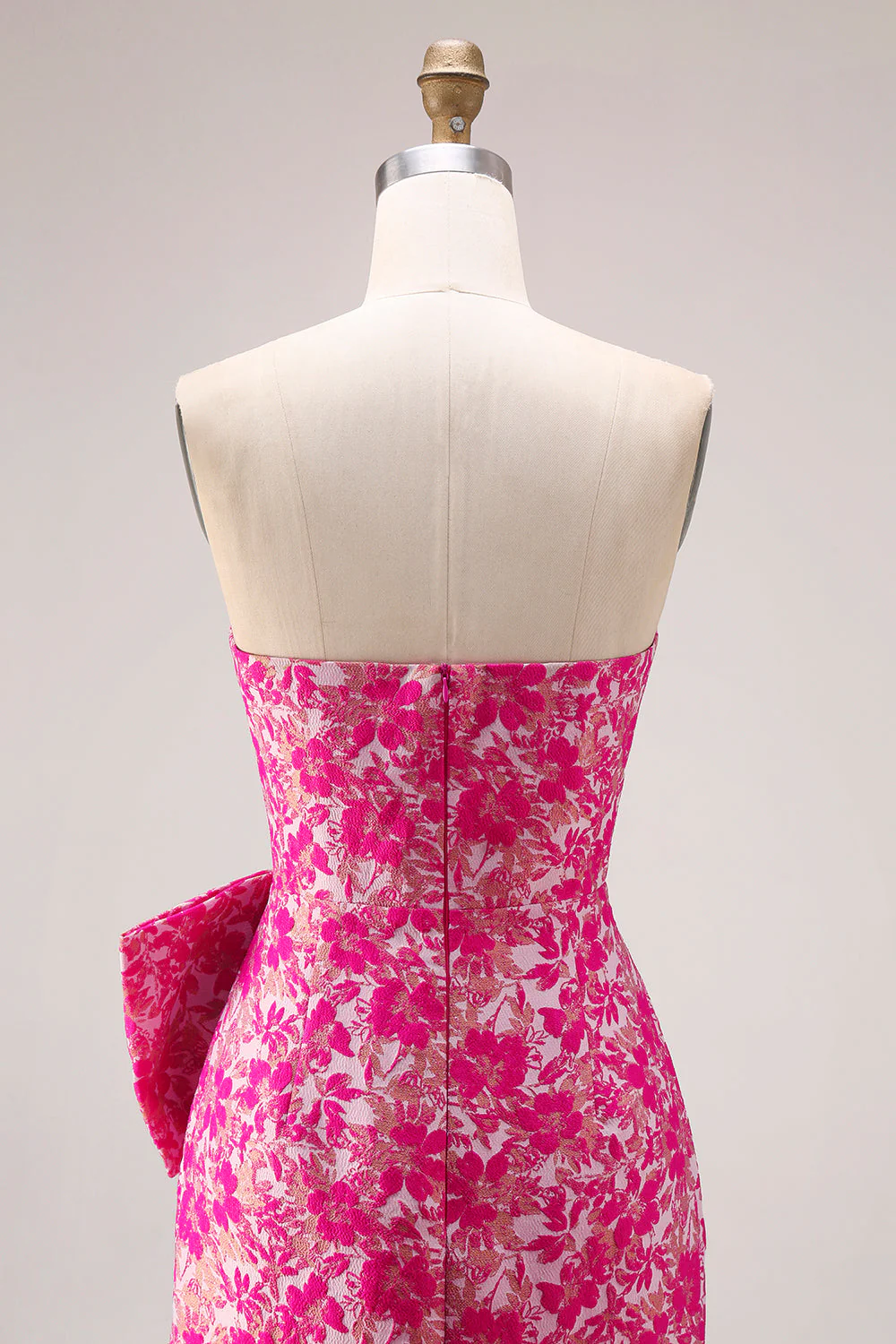 Strapless Fuchsia Floral Mermaid Side Slit Long Prom Dress with Bow - Image 7