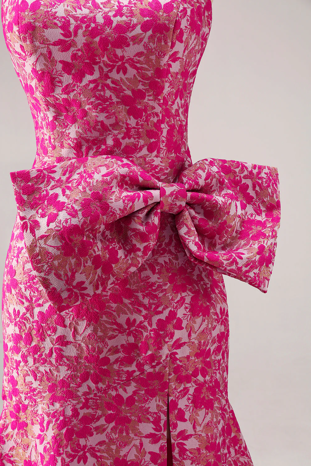 Strapless Fuchsia Floral Mermaid Side Slit Long Prom Dress with Bow - Image 8