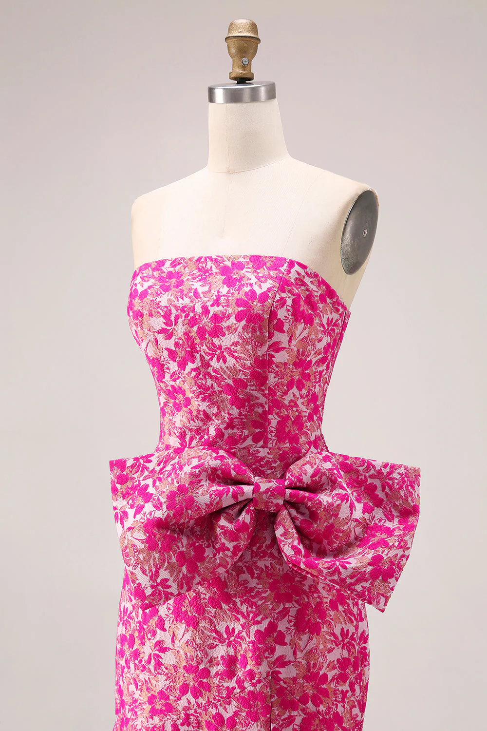 Strapless Fuchsia Floral Mermaid Side Slit Long Prom Dress with Bow - Image 9