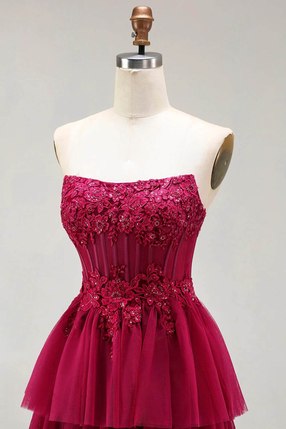 Strapless Green A Line Corset Tiered Ruffle Tulle Long Prom Dress with Slit - Image 12