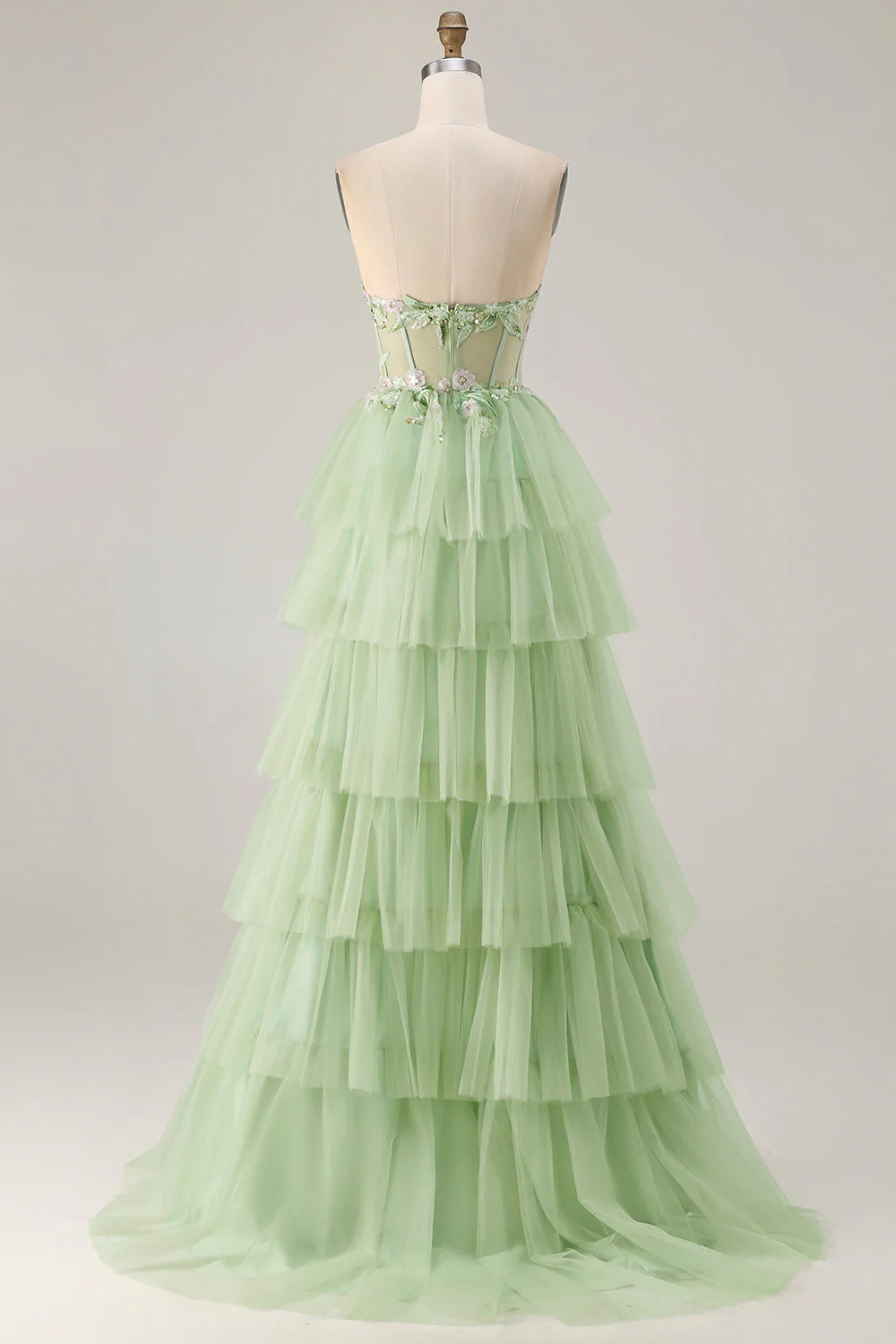 Strapless Green A Line Corset Tiered Ruffle Tulle Long Prom Dress with Slit - Image 2