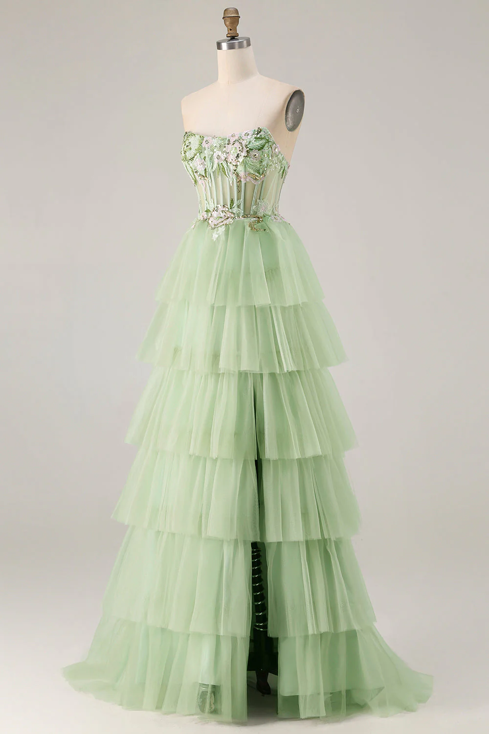 Strapless Green A Line Corset Tiered Ruffle Tulle Long Prom Dress with Slit - Image 3