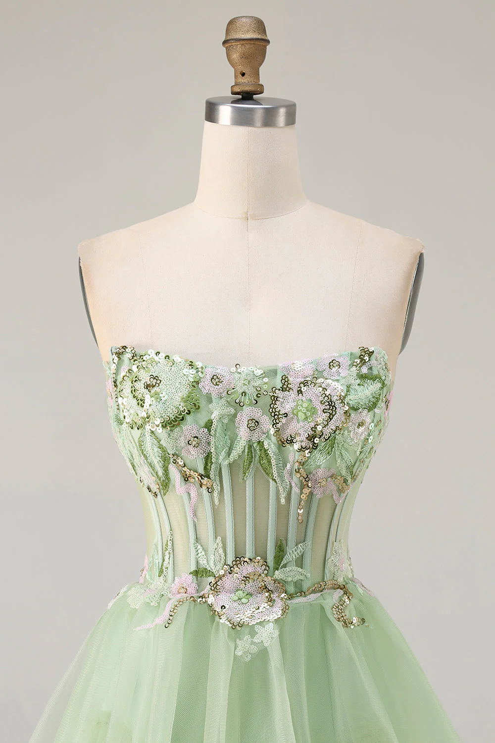 Strapless Green A Line Corset Tiered Ruffle Tulle Long Prom Dress with Slit - Image 4