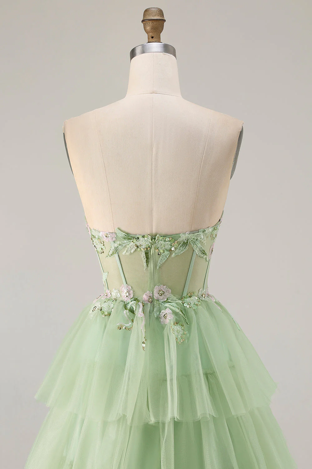 Strapless Green A Line Corset Tiered Ruffle Tulle Long Prom Dress with Slit - Image 5