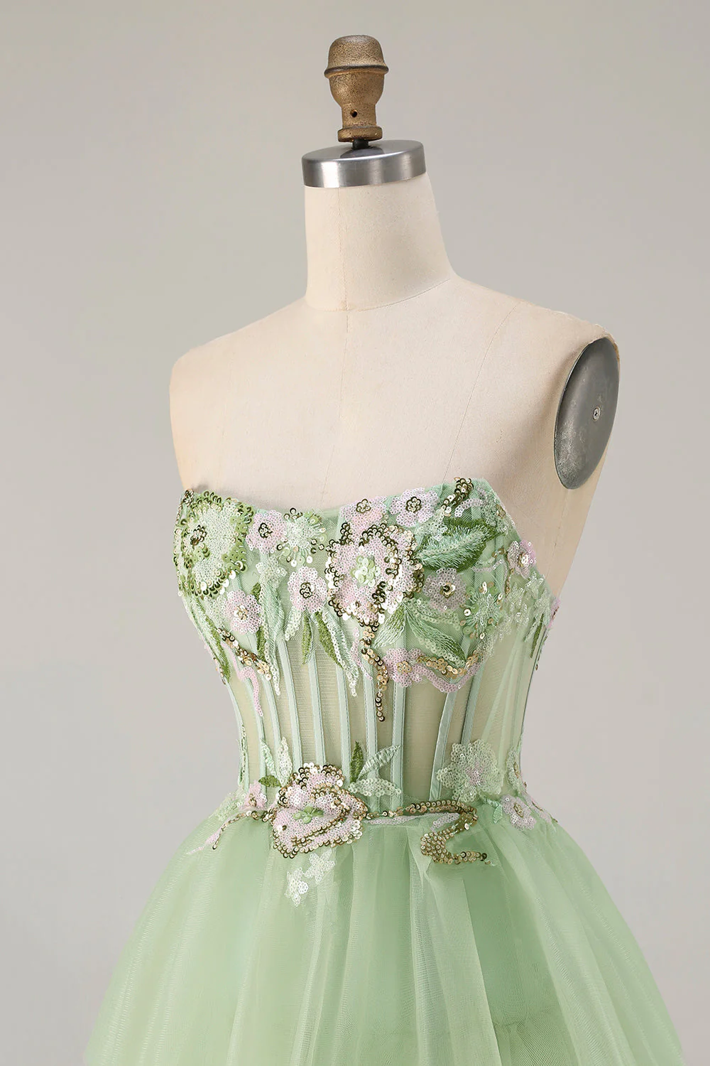 Strapless Green A Line Corset Tiered Ruffle Tulle Long Prom Dress with Slit - Image 6