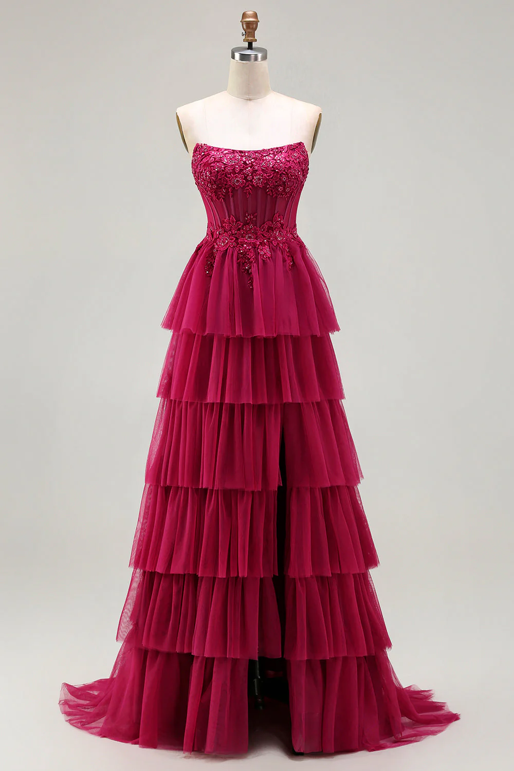 Strapless Green A Line Corset Tiered Ruffle Tulle Long Prom Dress with Slit - Image 7