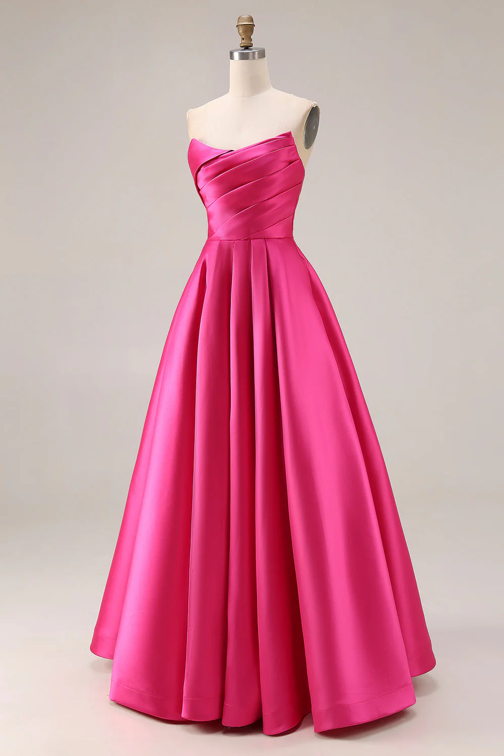 Strapless Hot Pink A-Line Pleated Bodice Satin Long Prom Dress - Image 3