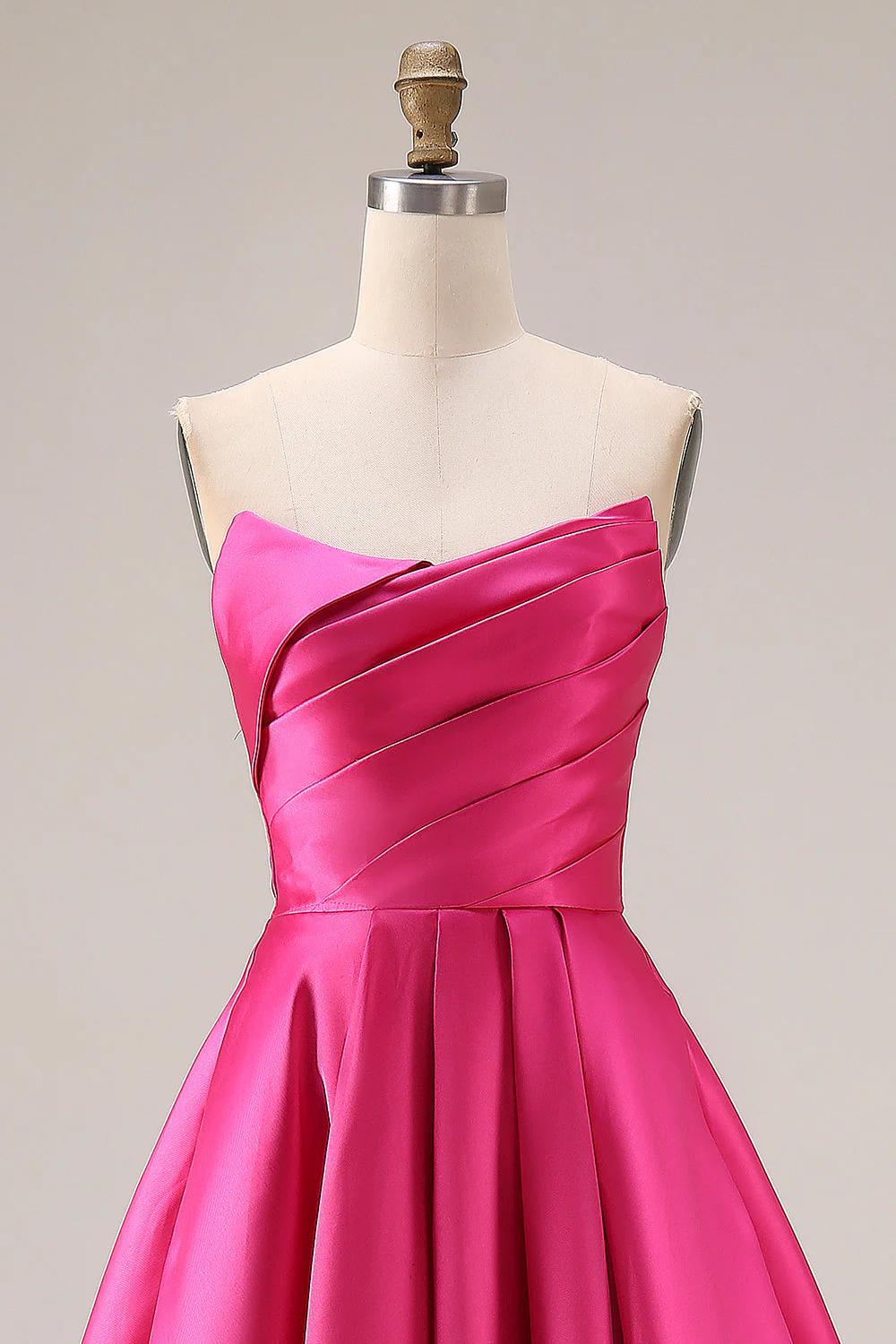 Strapless Hot Pink A-Line Pleated Bodice Satin Long Prom Dress - Image 4